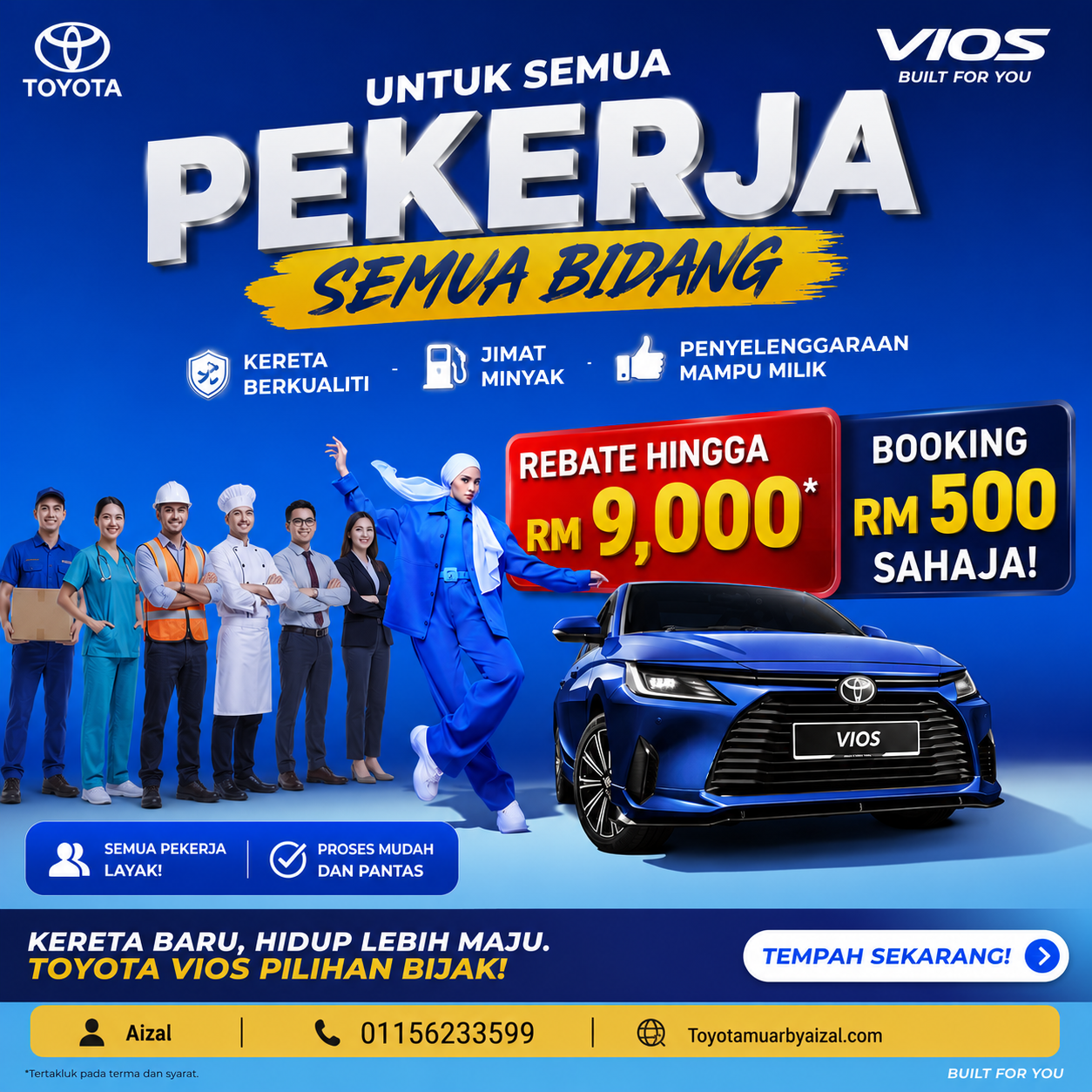 Poster promosi jualan kereta dengan tawaran rebat sehingga RM9,000 dan promosi tambahan RM500 untuk pelanggan di Malaysia.