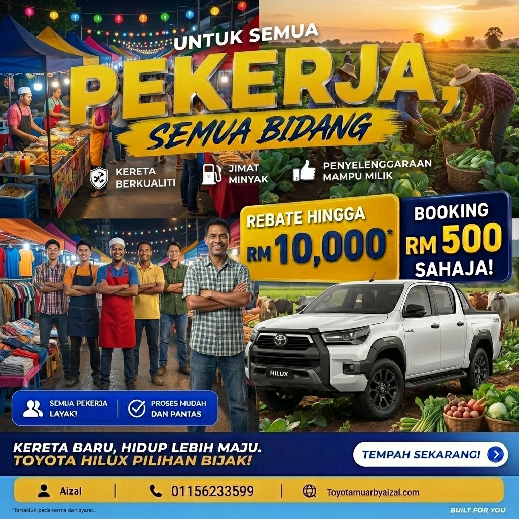Promosi Toyota Hilux Malaysia dengan rebat sehingga RM10,000, trade in kereta lama dan bantuan pinjaman. Dealer Toyota Hilux di Muar Johor.