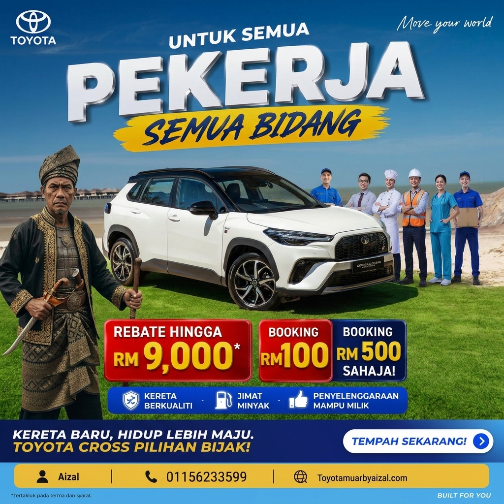 Poster promosi jualan kereta dengan tawaran rebat sehingga RM9,000 dan promosi tambahan RM500 untuk pelanggan di Malaysia.